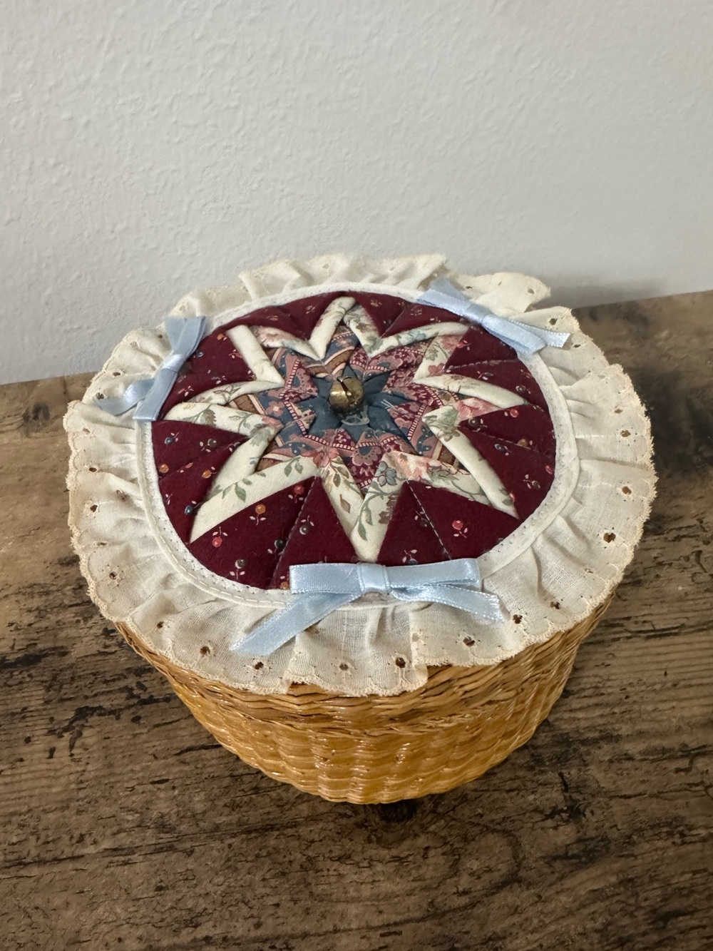 Vintage Wicker Sewing Basket with Quilt Top Lid